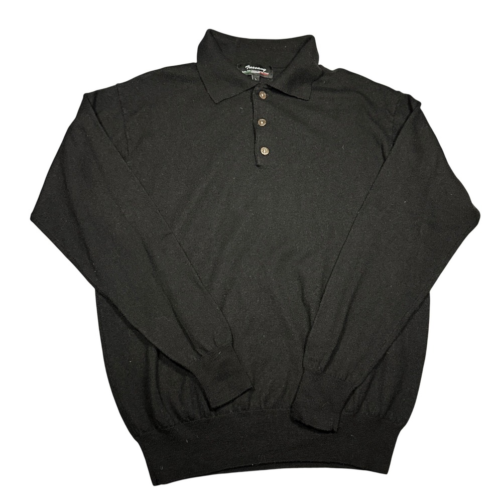 Tuscany Black 100% Extra Fine Italian Merino Wool Long Sleeve Polo Sweater Men L